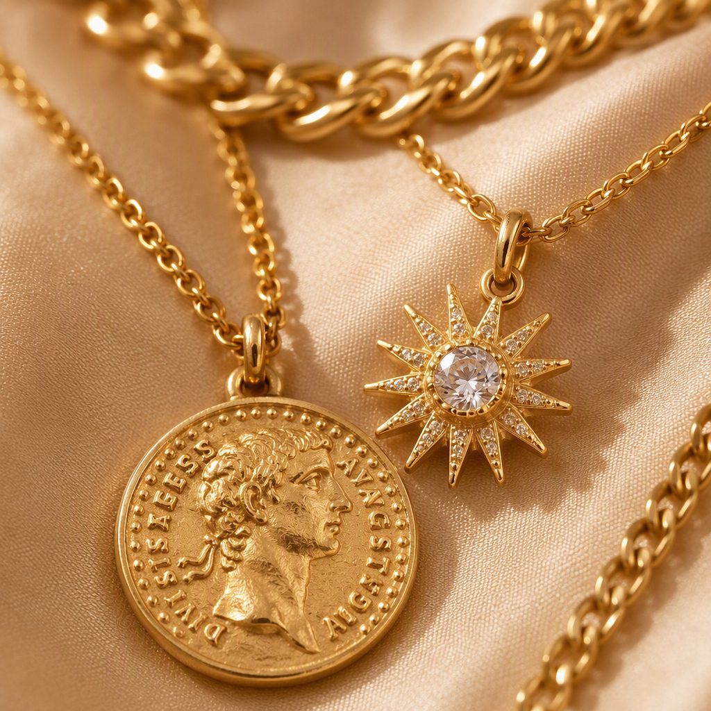 Women's 5-Layer Multi-Strand Gold Layered Necklace Set | Vintage Roman Coin Medallion & Crystal Sunburst Pendant Cuban Chain Choker — photo 4