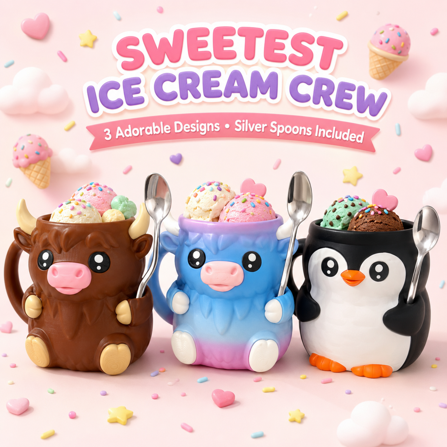 Ice Cream Pint Holder with Handle & 2 Spoons Cute Animals Ices Creams Cooler Containers for 16Oz Pints Leak Proof Can Cups Highland Cow Lover Gifts