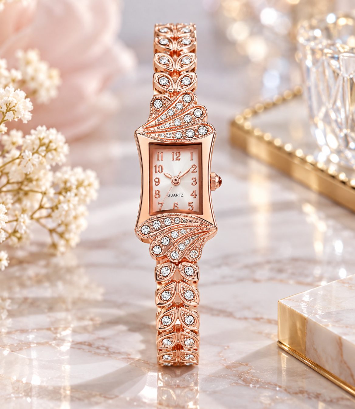 Vintage Feather Wing Diamond Bracelet Watch for Women - Rose Gold Curved Rectangular Case Wheat Leaf Jewelry Timepiece — photo 7