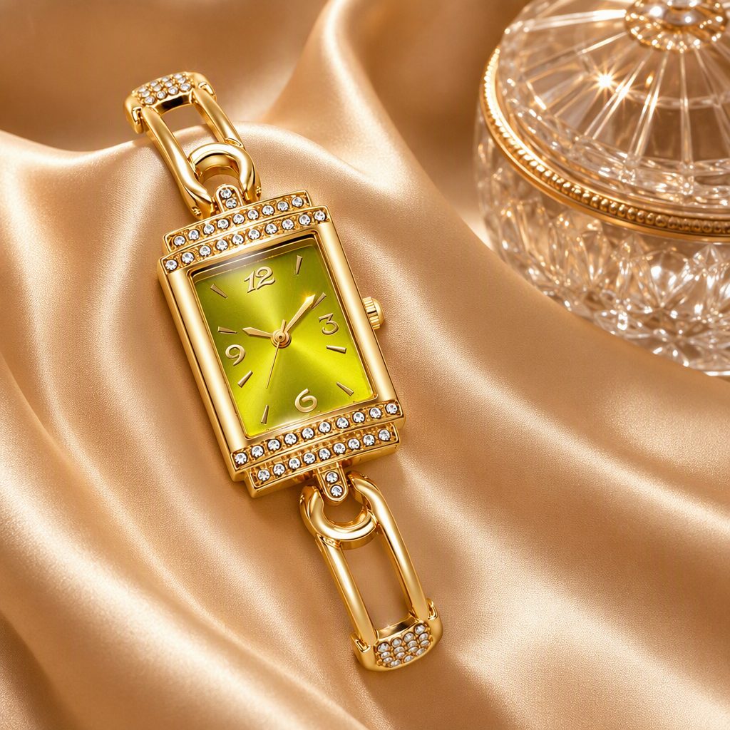 Vintage Women's Rectangular Tank Chain Bracelet Watch | Double-Row Rhinestone Bezel Quartz Dress Watch — photo 5