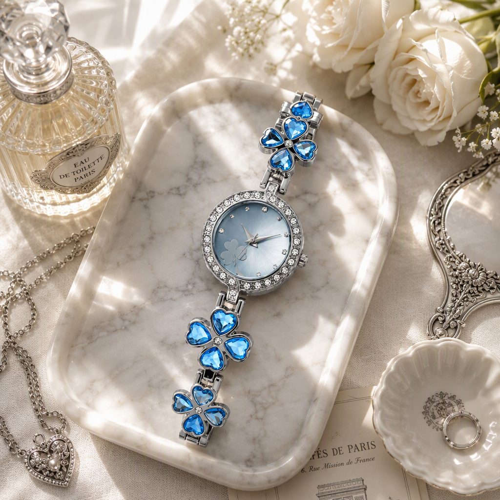 Lucky Four-Leaf Clover Crystal Bracelet Watch for Women - Heart-Cut Ocean Blue Crystal Rhinestone Halo Bangle Timepiece — photo 3