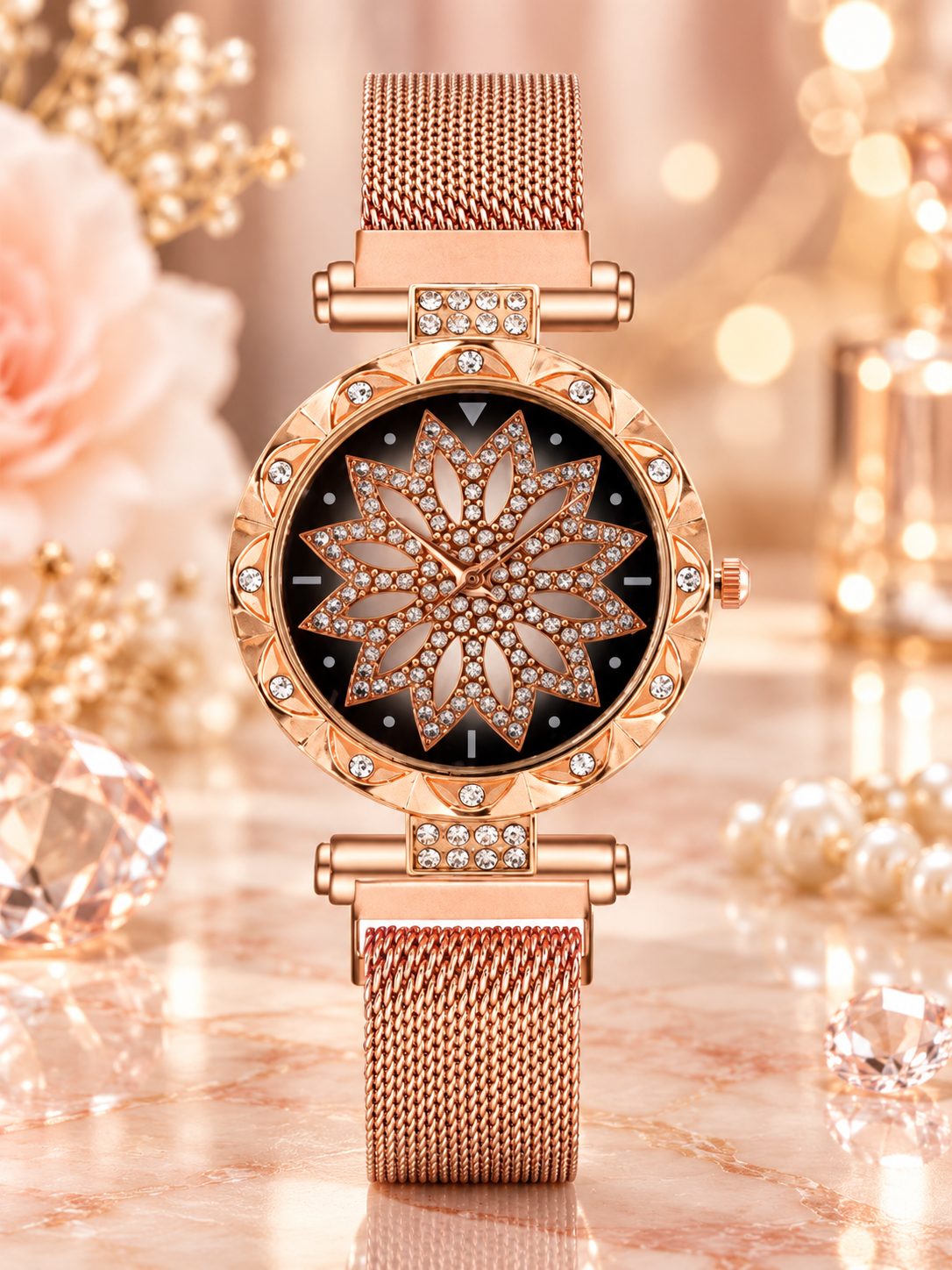 Sparkling Diamond Lotus Mandala Watch for Women - Rose Gold Milanese Mesh Strap Starburst Crystal Accented Luxury Timepiece — photo 2