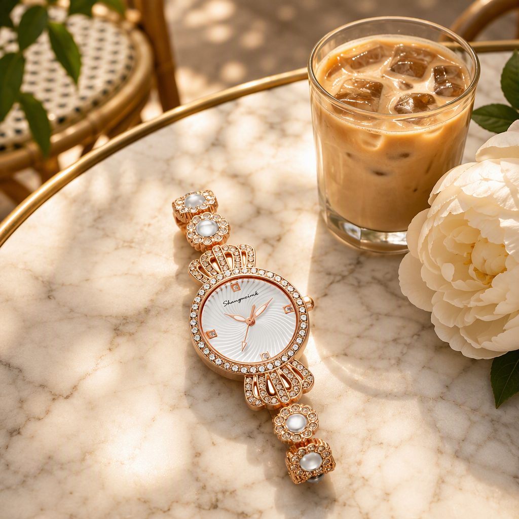 Luxury Women's Lucky Four-Leaf Clover Emerald Green Dial Bracelet Watch | Rose Gold Rhinestone Halo Jewelry Quartz Watch — photo 6