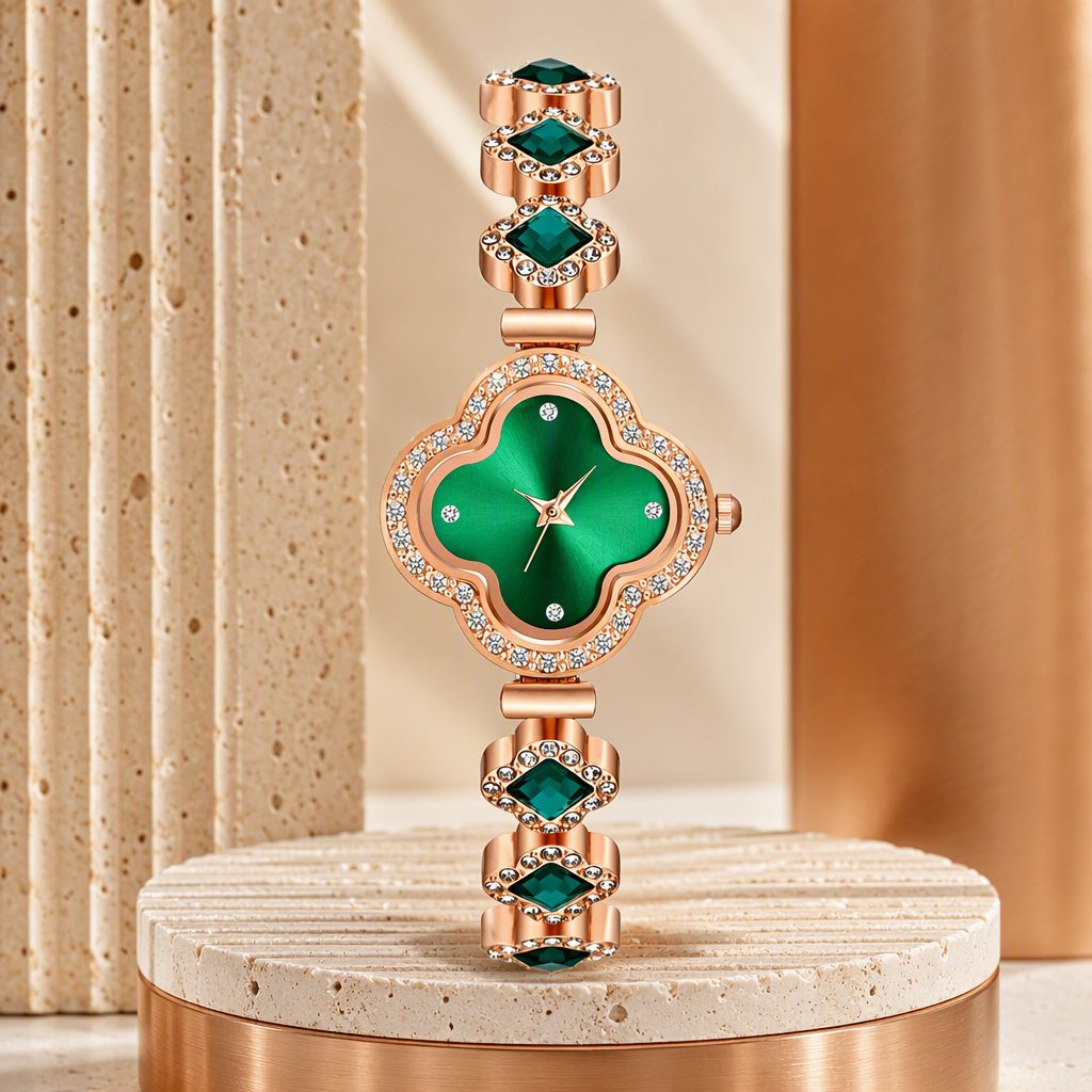Luxury Women's Lucky Four-Leaf Clover Emerald Green Dial Bracelet Watch | Rose Gold Rhinestone Halo Jewelry Quartz Watch — photo 4