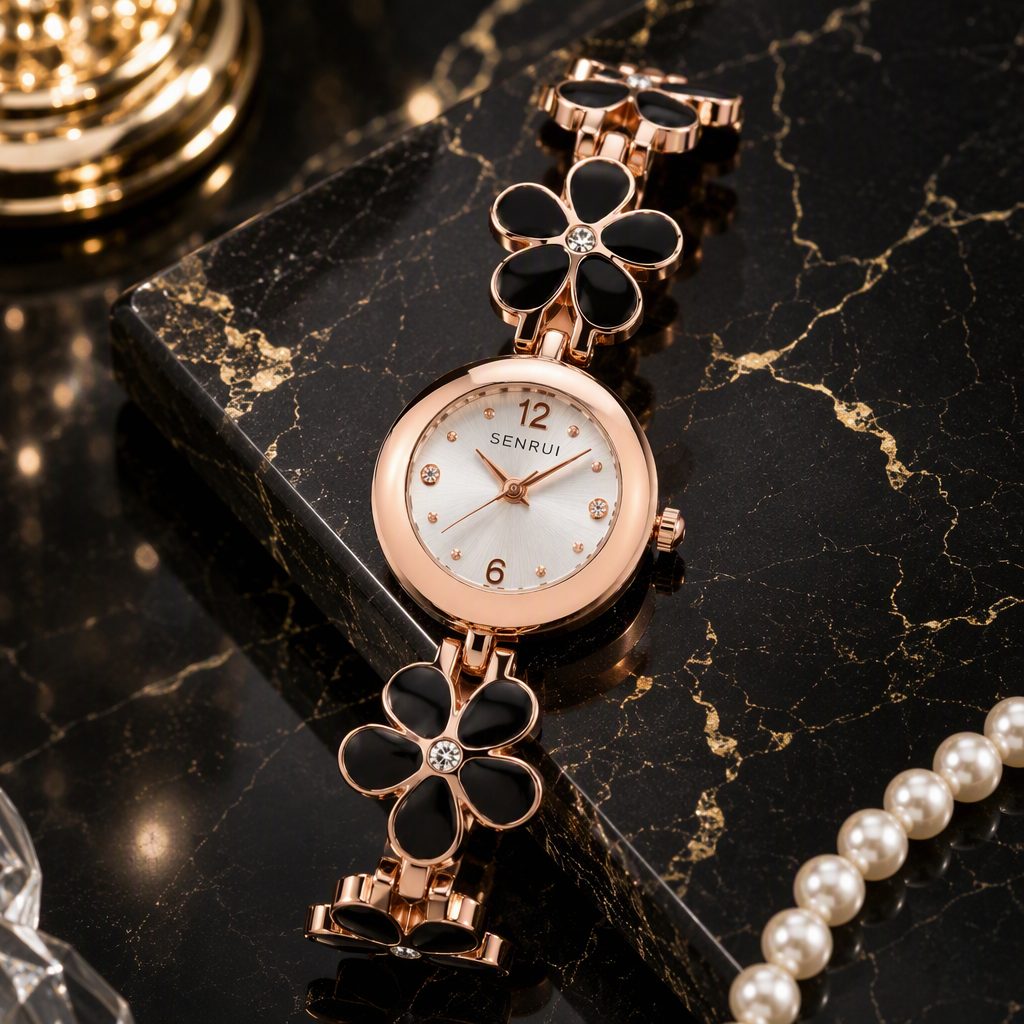 French Retro Black Enamel Camellia Flower Bracelet Watch for Women - Rose Gold Floral Chain Crystal Accent Hepburn Chic Timepiece — photo 6