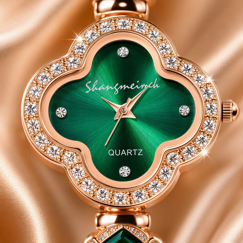 Luxury Women's Lucky Four-Leaf Clover Emerald Green Dial Bracelet Watch | Rose Gold Rhinestone Halo Jewelry Quartz Watch — photo 3
