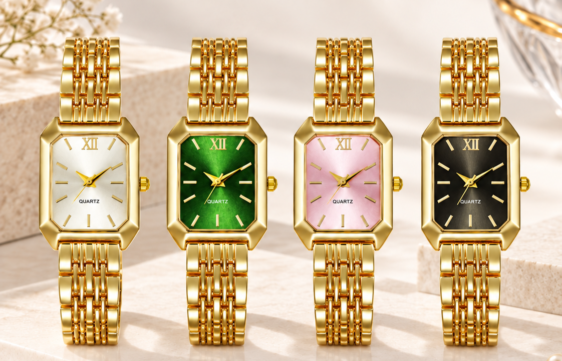 Luxury Octagonal Gold Quartz Watch for Women - Sunburst Dial Fashion Metal Bracelet Timepiece