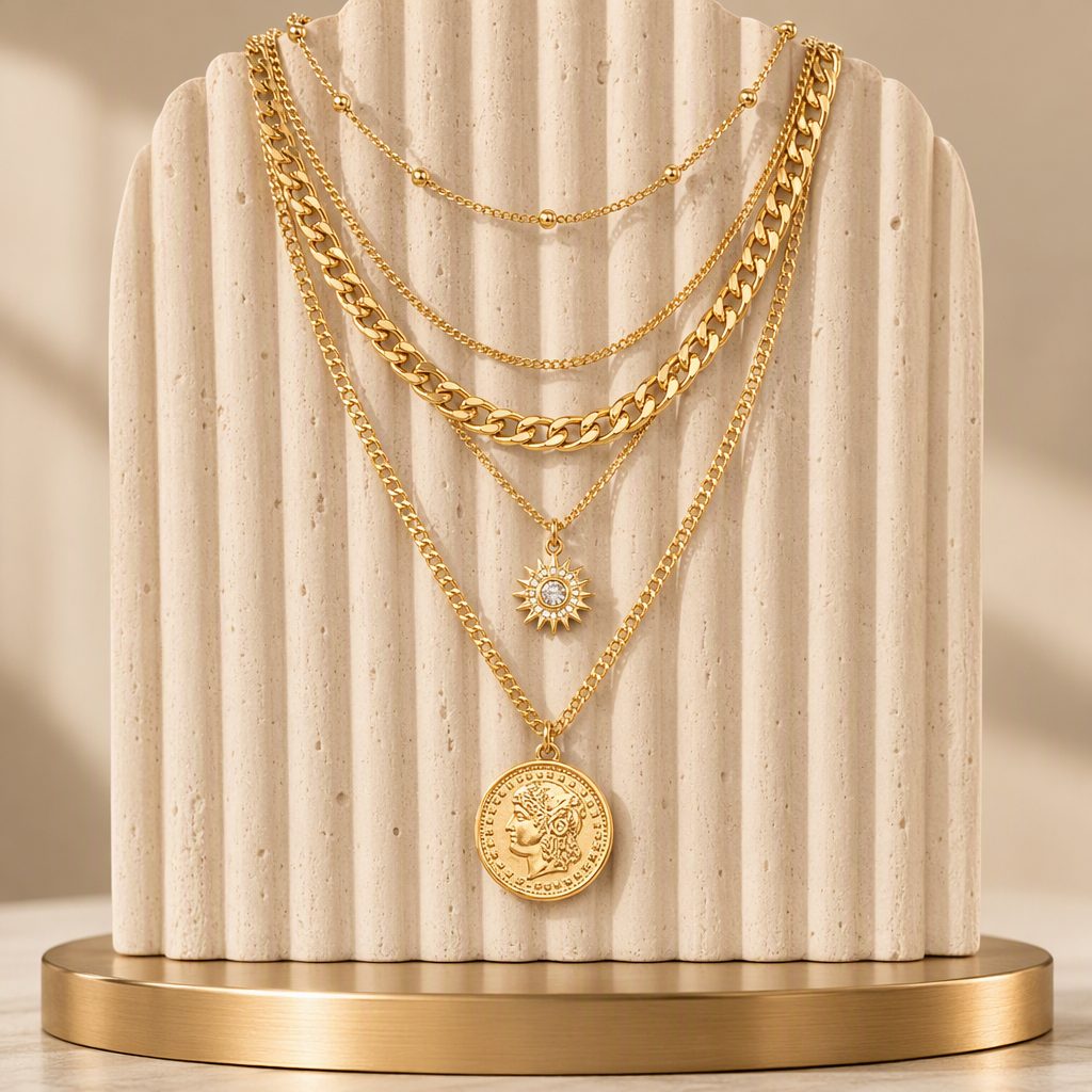 Women's 5-Layer Multi-Strand Gold Layered Necklace Set | Vintage Roman Coin Medallion & Crystal Sunburst Pendant Cuban Chain Choker
