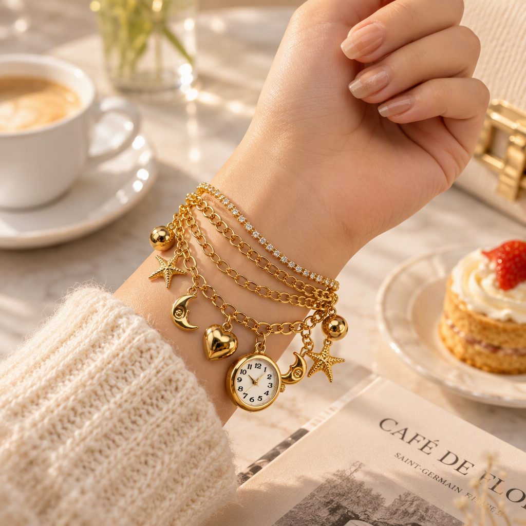 Celestial Multi-Layer Charm Necklace Watch for Women - Star Moon Heart Dangle Charms Layered Bracelet Timepiece — photo 7