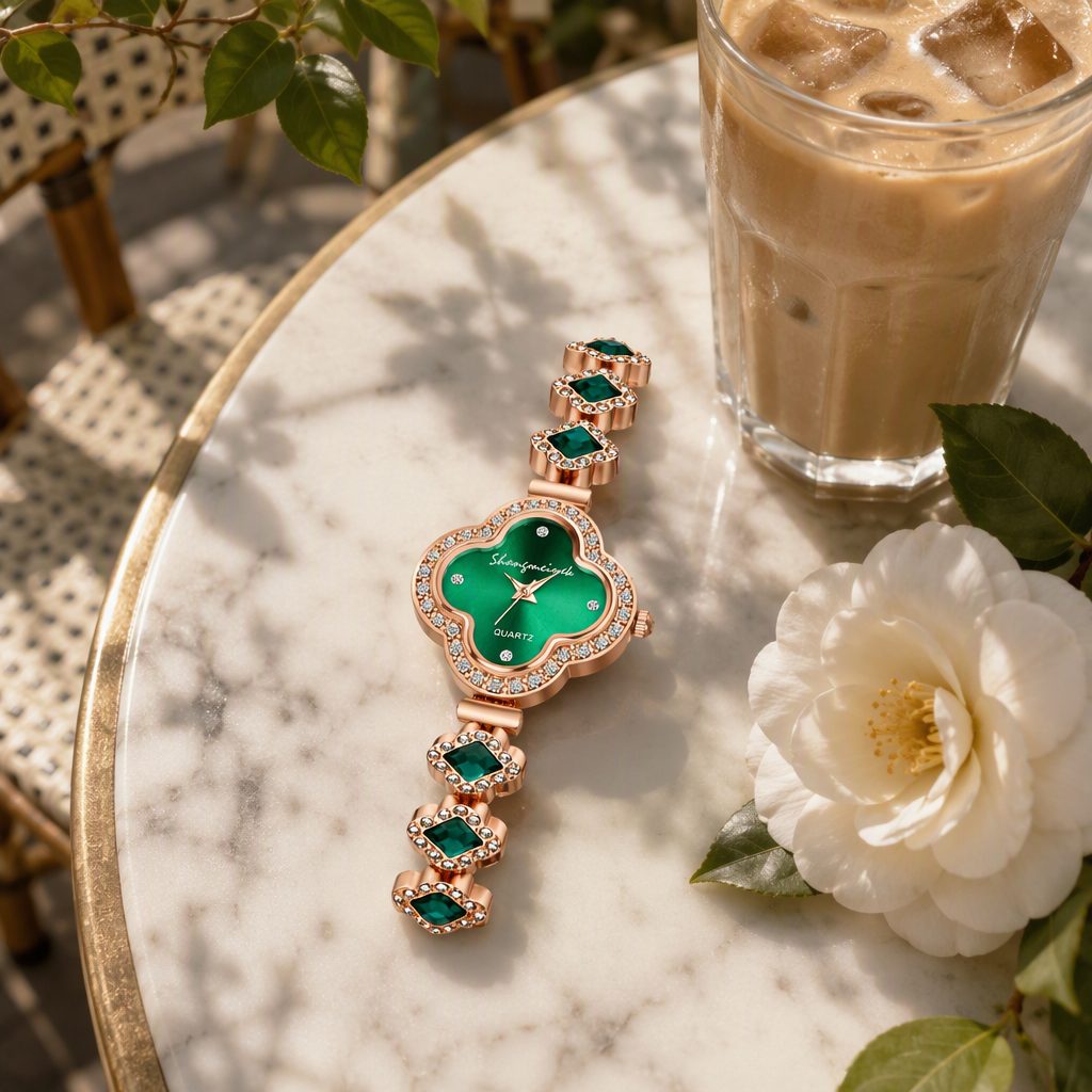 Luxury Women's Lucky Four-Leaf Clover Emerald Green Dial Bracelet Watch | Rose Gold Rhinestone Halo Jewelry Quartz Watch — photo 5