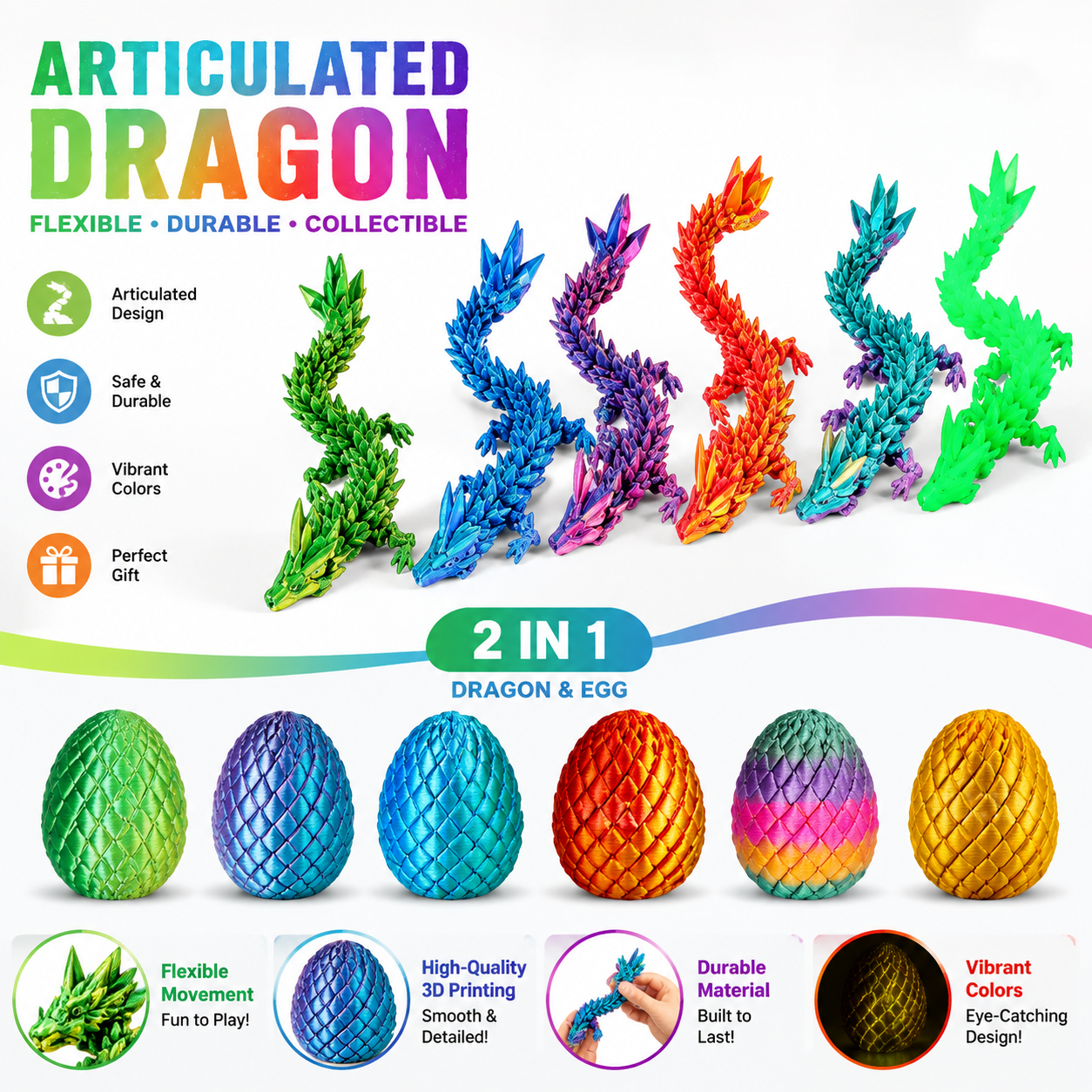 6 Pack 3D Printed Dragon Egg Toy – Hatchable Dragon Surprise Eggs with Flexible Mini Figures