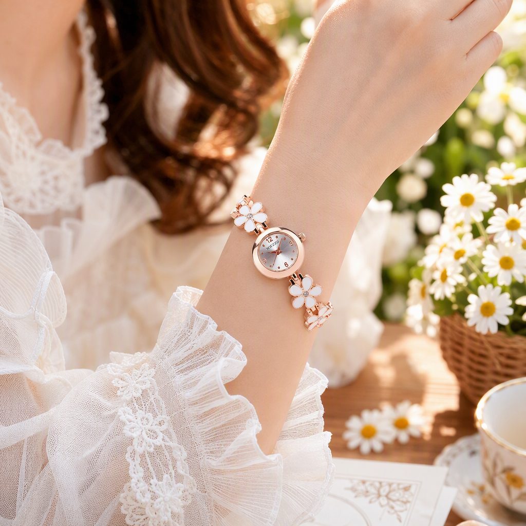 Sweet White Daisy Enamel Bracelet Watch for Women - Rose Gold Floral Chain Crystal Accent Japanese Mori Girl Timepiece — photo 5