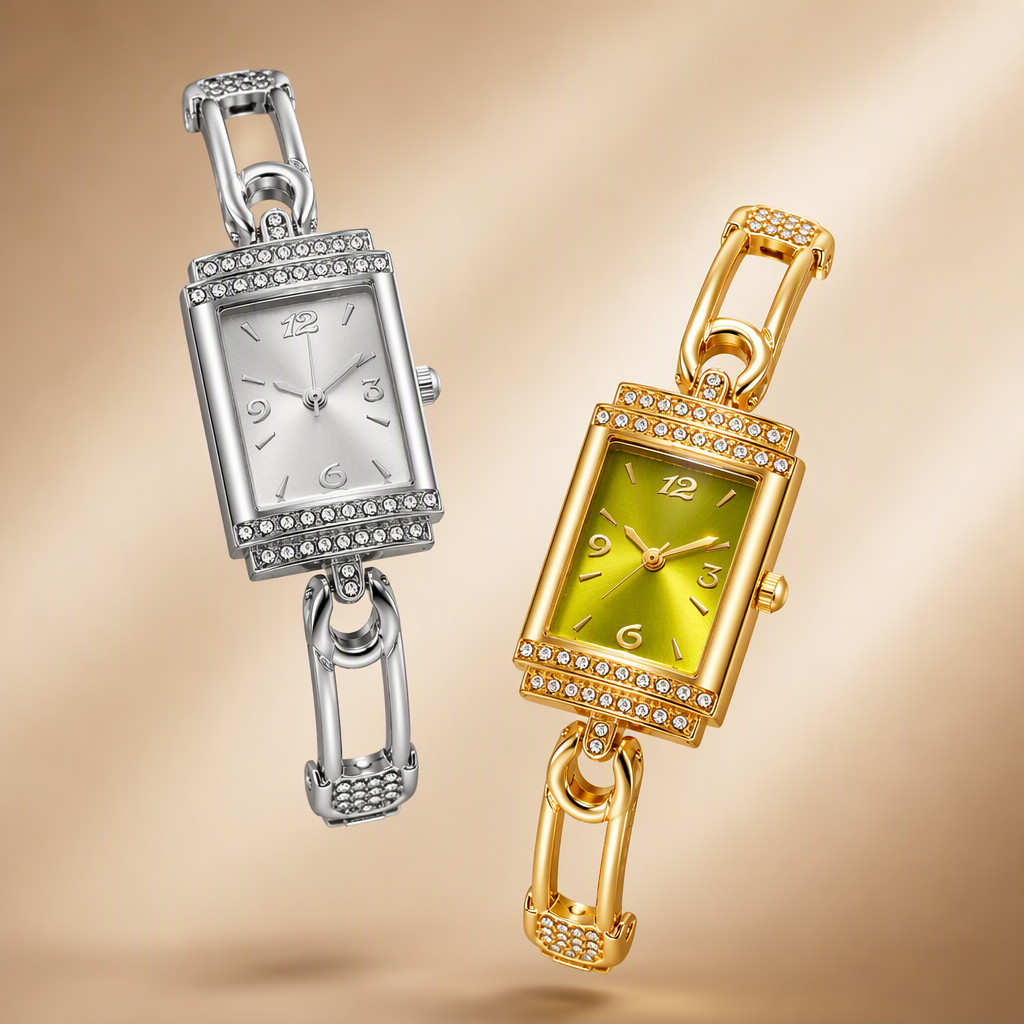 Vintage Women's Rectangular Tank Chain Bracelet Watch | Double-Row Rhinestone Bezel Quartz Dress Watch