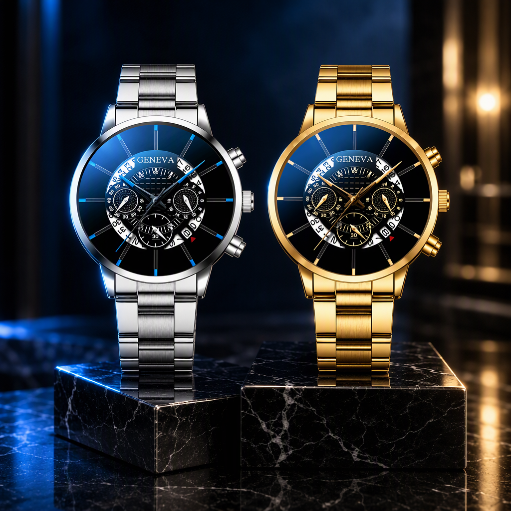 GENEVA Luxury Business Men's Chronograph Watch - Unique Curved Calendar Wheel & Blue-Ray Crystal Dial (Silver / Gold) — photo 7