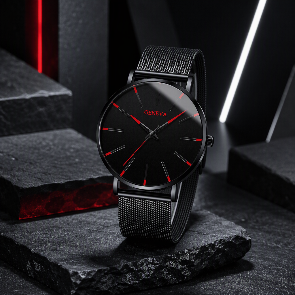 GENEVA Ultra-Thin Minimalist Men's Watch - Matte Black Dial with Crimson Red Accents & Milanese Mesh Steel Band — photo 5
