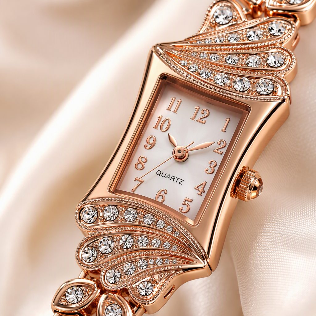 Vintage Feather Wing Diamond Bracelet Watch for Women - Rose Gold Curved Rectangular Case Wheat Leaf Jewelry Timepiece — photo 6