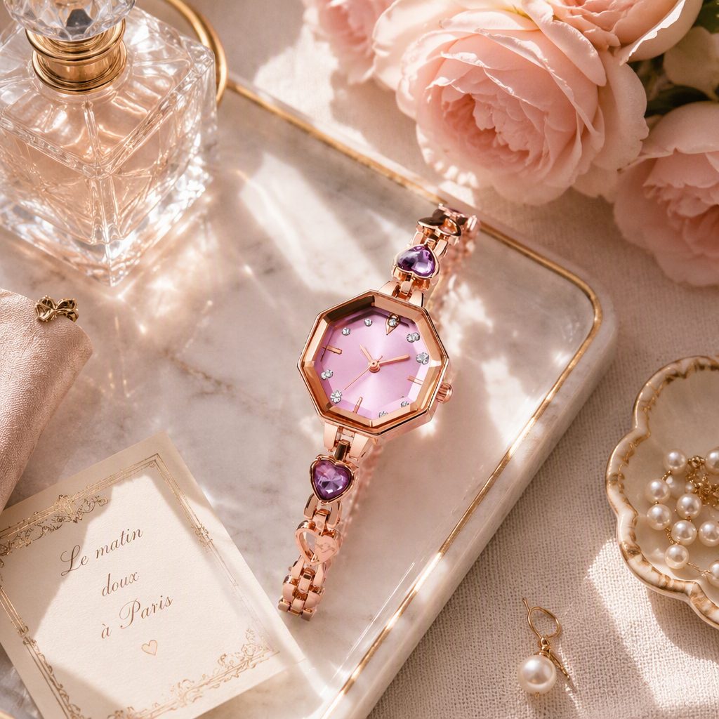 Romantic Heart Crystal Bracelet Watch for Women - Rose Gold Octagonal Faceted Bezel Pastel Pink Dial Jewelry Timepiece — photo 2