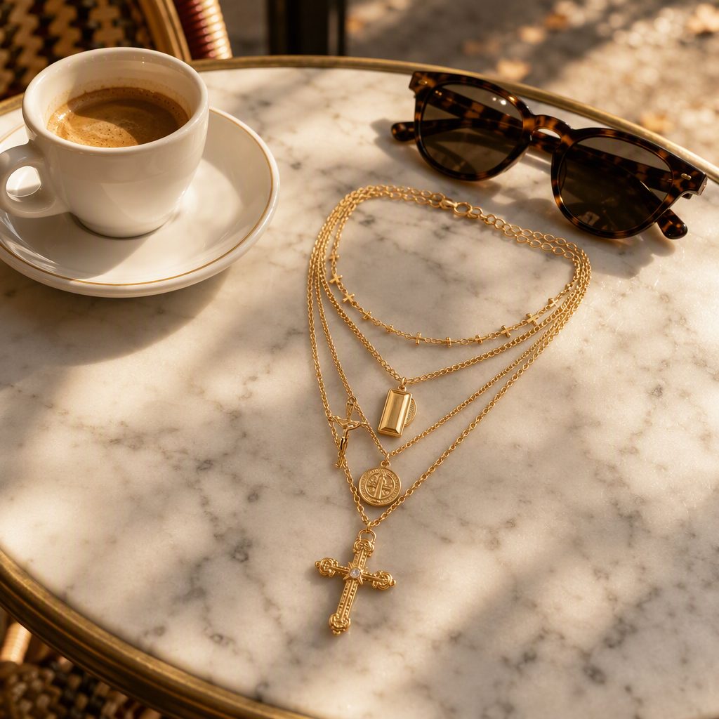 Women's Vintage Baroque Cross & Medallion Layered Necklace Set | Multi-Strand Rosary Choker Gold Crucifix Pendant Necklace — photo 3