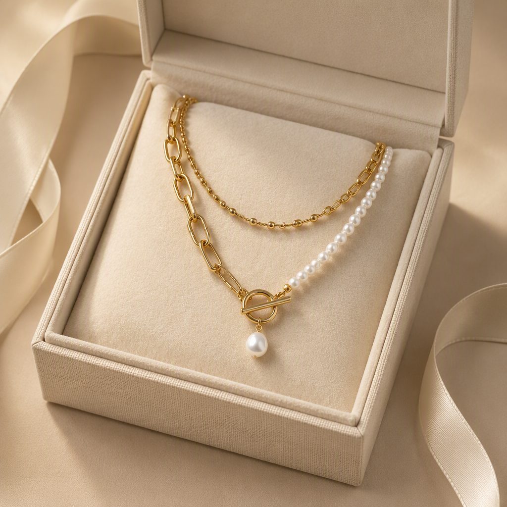 Women's Asymmetric Half Pearl Half Paperclip Chain Layered Necklace | 18K Gold OT Toggle Baroque Pearl Droplet Choker — photo 3