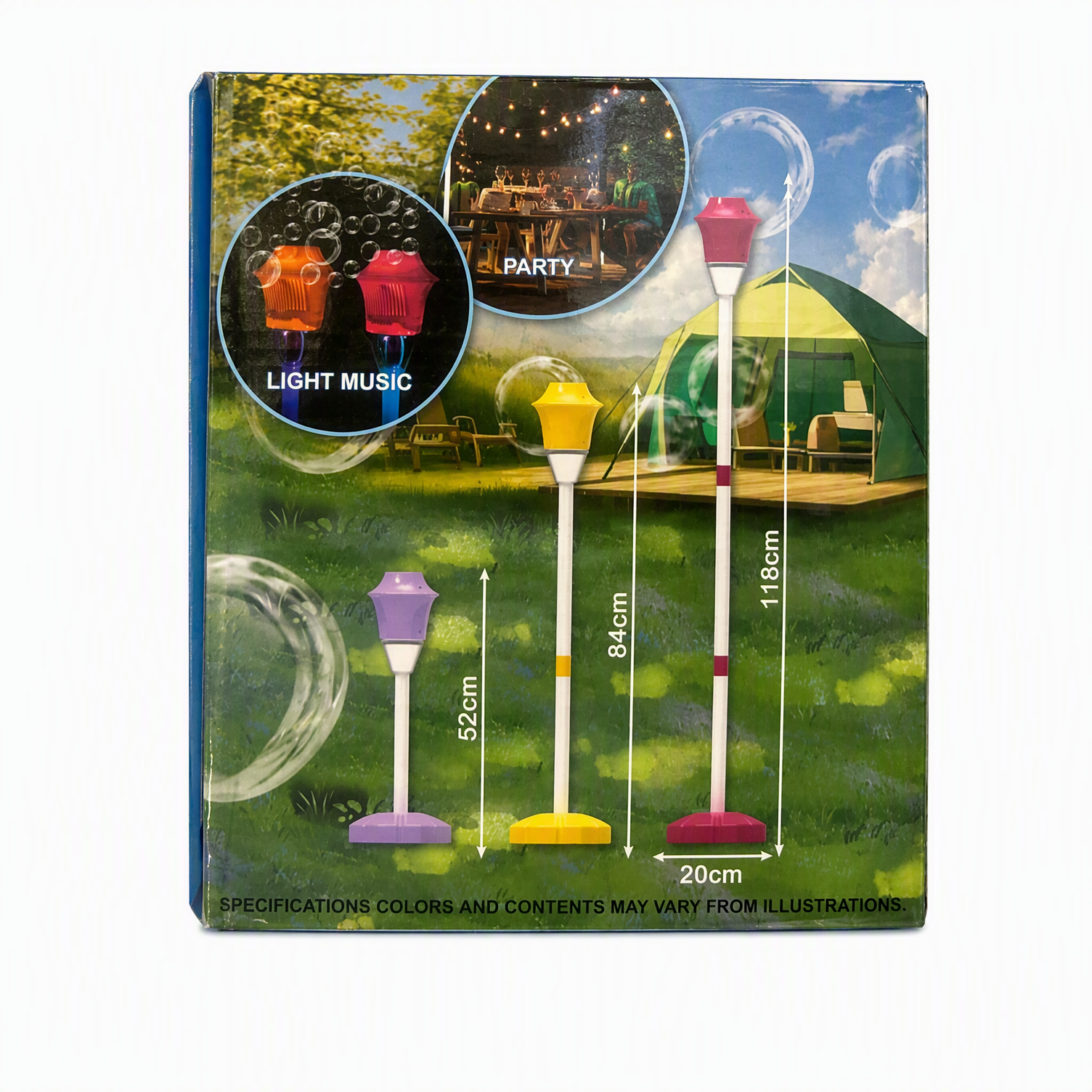 Adjustable Bubble Torch Garden Lamp with Lights & Music – Automatic Outdoor Bubble Machine, 3 Heights, Colorful Bubble Cap for Parties, Birthdays, Weddings, Camping & Backyard Fun
