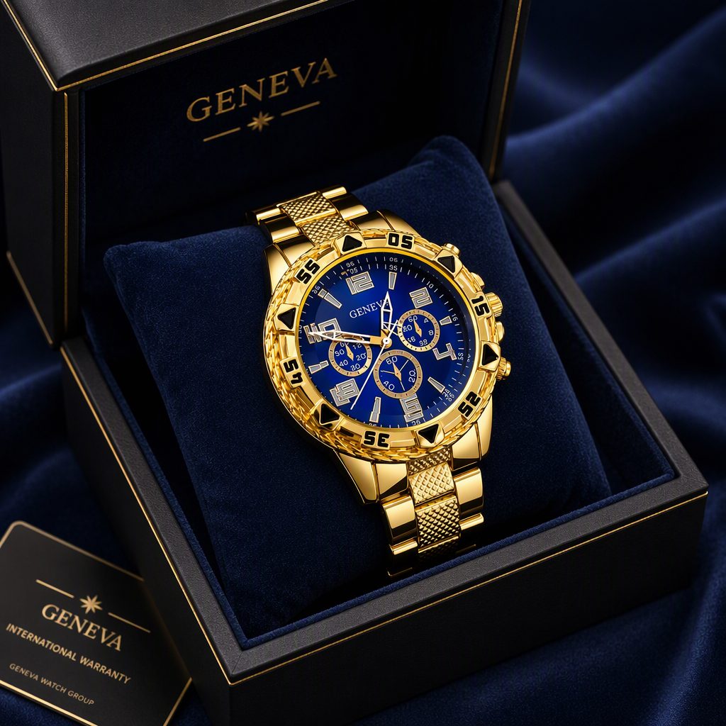 GENEVA Men's Luxury Gold Chronograph Watch - Royal Blue Sunray Dial with Textured Metal Bracelet