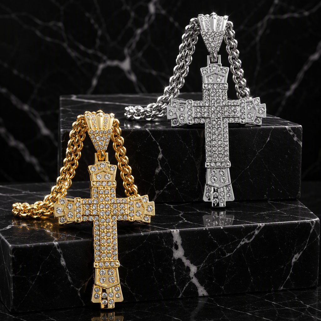 Men's Hip-Hop Heavy Full Iced-Out Cross Pendant Necklace | Pavé Crystal Rhinestone Rope Chain Necklace