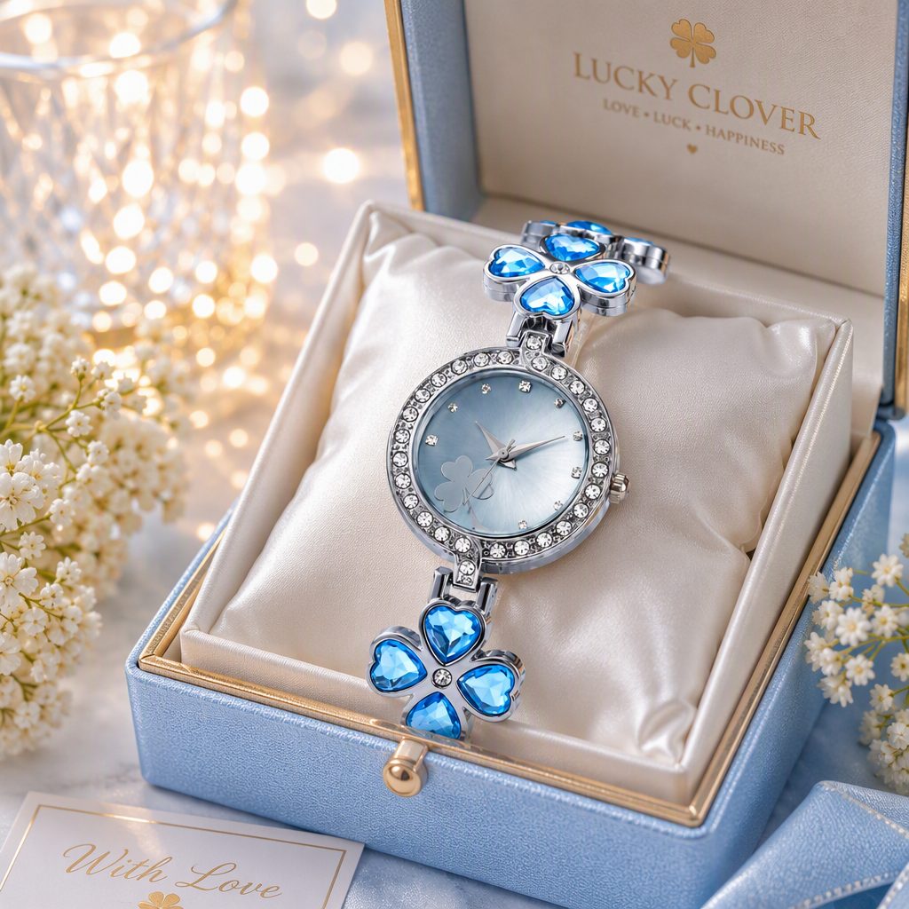Lucky Four-Leaf Clover Crystal Bracelet Watch for Women - Heart-Cut Ocean Blue Crystal Rhinestone Halo Bangle Timepiece