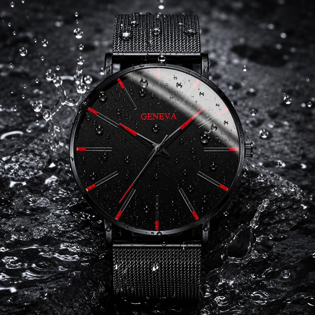 GENEVA Ultra-Thin Minimalist Men's Watch - Matte Black Dial with Crimson Red Accents & Milanese Mesh Steel Band — photo 6
