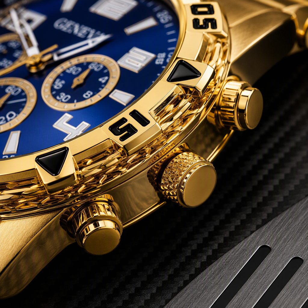 GENEVA Men's Luxury Gold Chronograph Watch - Royal Blue Sunray Dial with Textured Metal Bracelet — photo 4