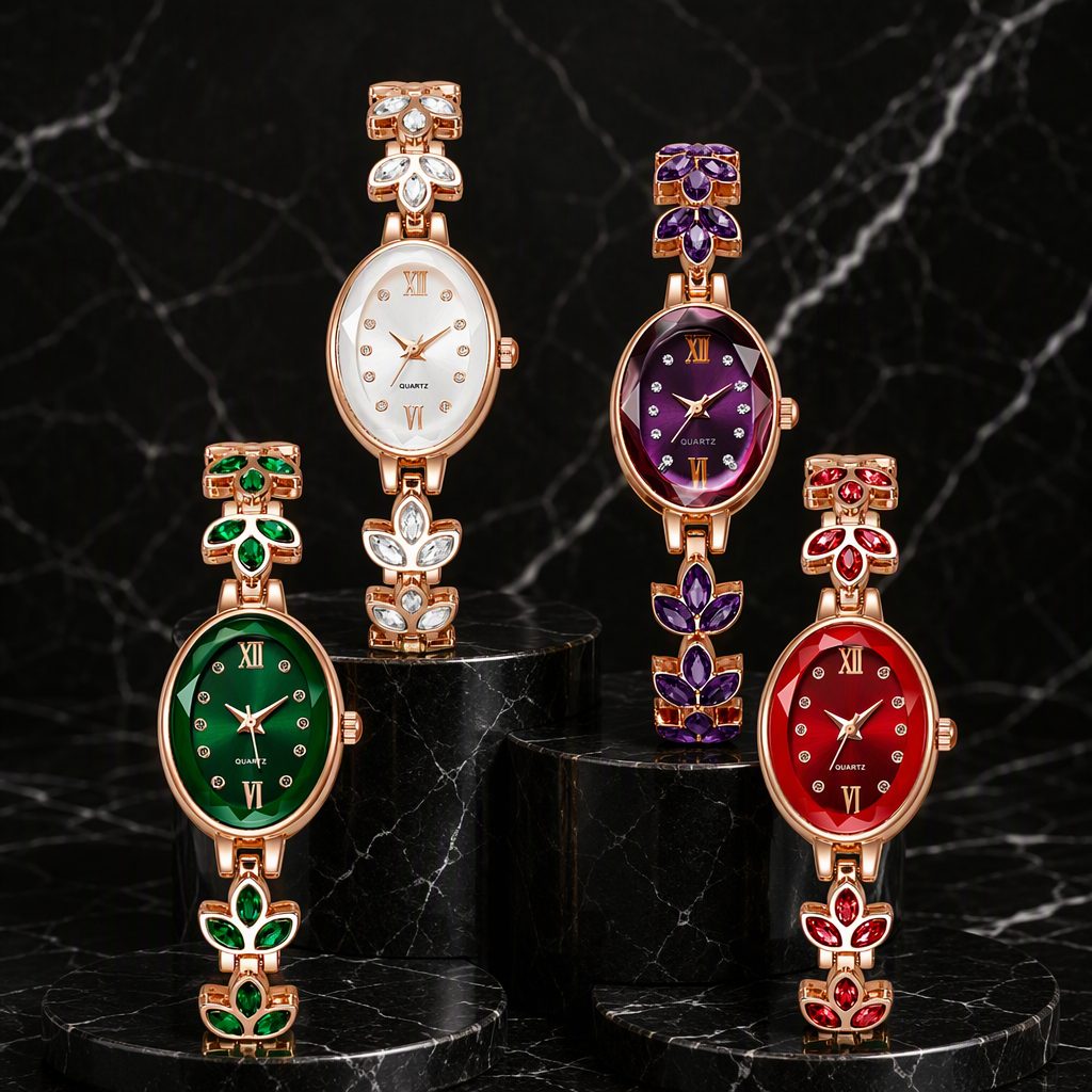 Luxury Women's Oval Diamond-Cut Prism Glass Watch | Rose Gold Marquise Crystal Petal Bracelet Quartz Watch