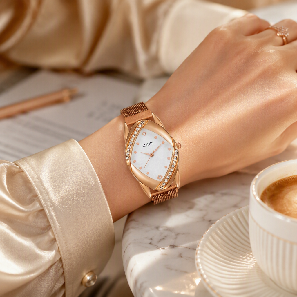 Avant-Garde Marquise Diamond Watch for Women - Rose Gold Crossover Crystal Curve Case Milanese Mesh Strap Timepiece — photo 2