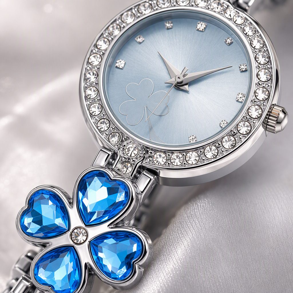 Lucky Four-Leaf Clover Crystal Bracelet Watch for Women - Heart-Cut Ocean Blue Crystal Rhinestone Halo Bangle Timepiece — photo 5