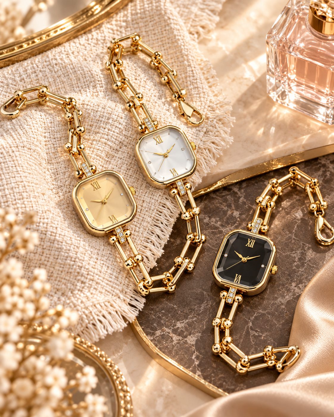Vintage U-Link Chain Bracelet Watch for Women - Diamond Lug Octagonal Cushion Dial Luxury Fashion Jewelry Timepiece (3 Colors)