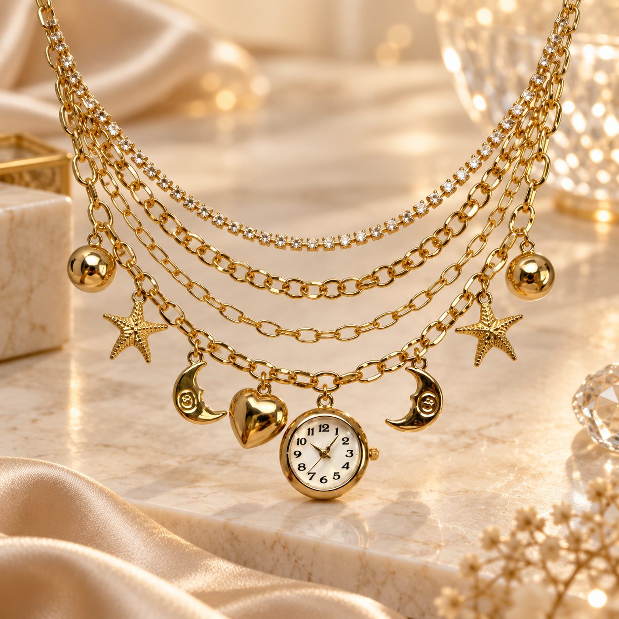 Celestial Multi-Layer Charm Necklace Watch for Women - Star Moon Heart Dangle Charms Layered Bracelet Timepiece — photo 2