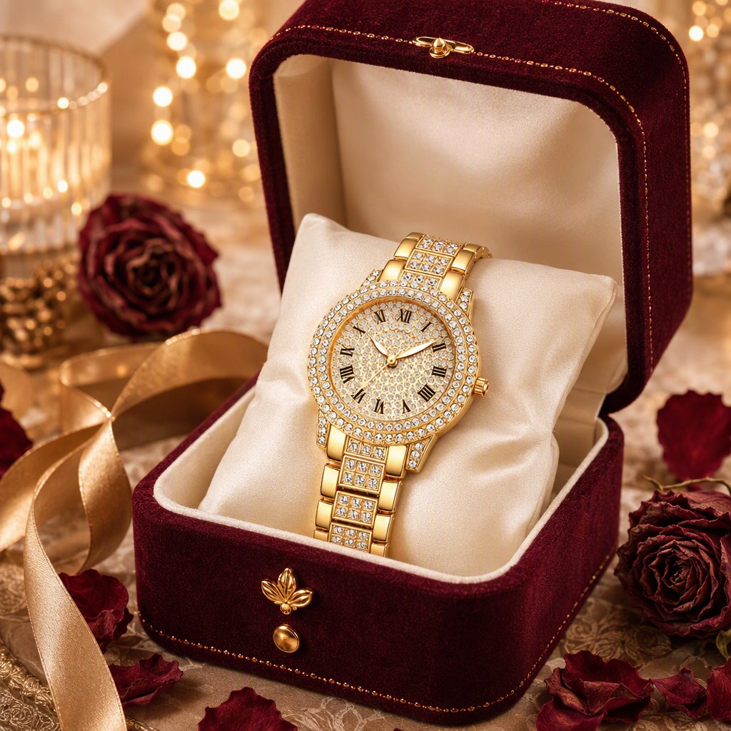 Luxury Full Pave Diamond Women Quartz Watch - Sparkling Roman Numeral Crystal Dress Watch (Gold / Rose Gold / Silver)