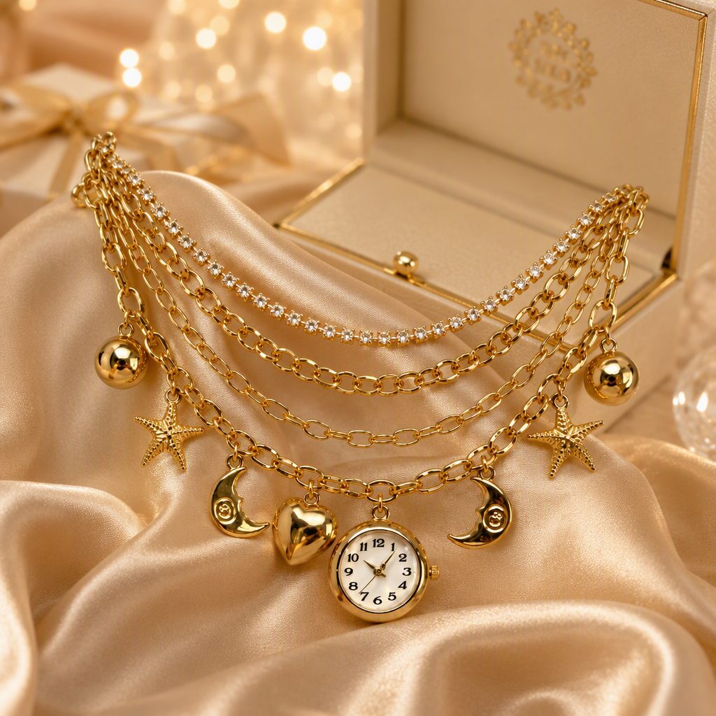 Celestial Multi-Layer Charm Necklace Watch for Women - Star Moon Heart Dangle Charms Layered Bracelet Timepiece — photo 5