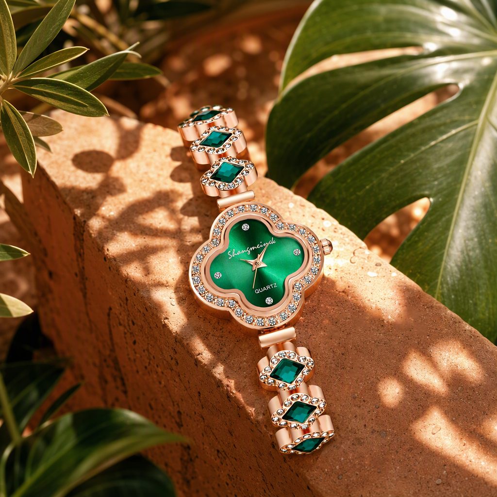Luxury Women's Lucky Four-Leaf Clover Emerald Green Dial Bracelet Watch | Rose Gold Rhinestone Halo Jewelry Quartz Watch — photo 7