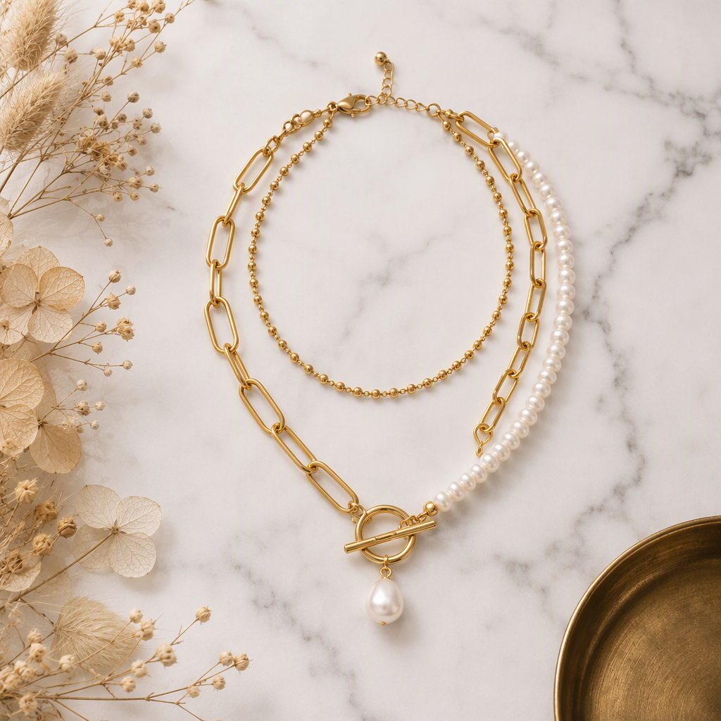 Women's Asymmetric Half Pearl Half Paperclip Chain Layered Necklace | 18K Gold OT Toggle Baroque Pearl Droplet Choker — photo 4