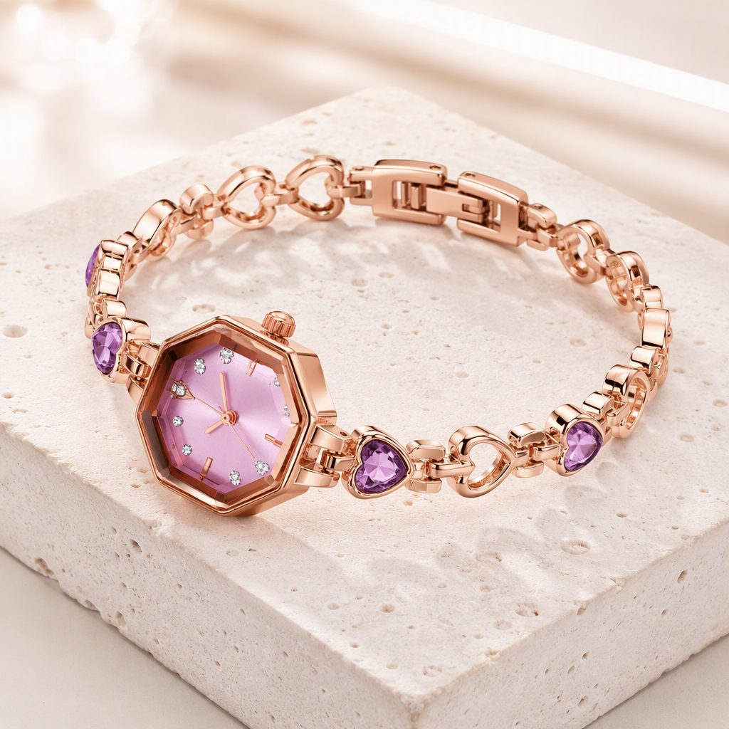 Romantic Heart Crystal Bracelet Watch for Women - Rose Gold Octagonal Faceted Bezel Pastel Pink Dial Jewelry Timepiece — photo 5