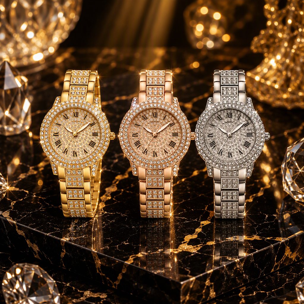 Luxury Full Pave Diamond Women Quartz Watch - Sparkling Roman Numeral Crystal Dress Watch (Gold / Rose Gold / Silver) — photo 5