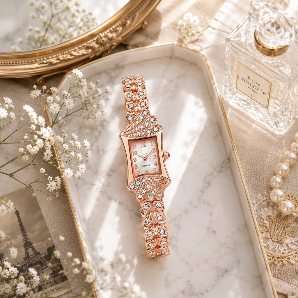 Vintage Feather Wing Diamond Bracelet Watch for Women - Rose Gold Curved Rectangular Case Wheat Leaf Jewelry Timepiece — photo 2