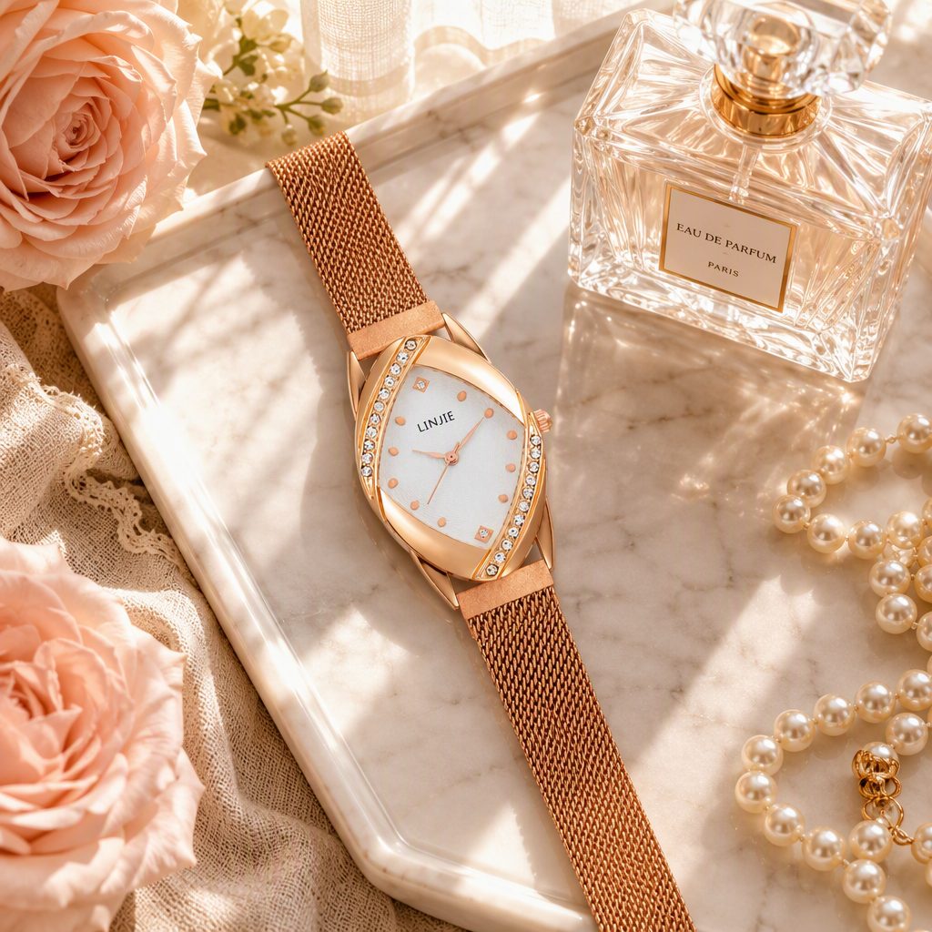 Avant-Garde Marquise Diamond Watch for Women - Rose Gold Crossover Crystal Curve Case Milanese Mesh Strap Timepiece — photo 5