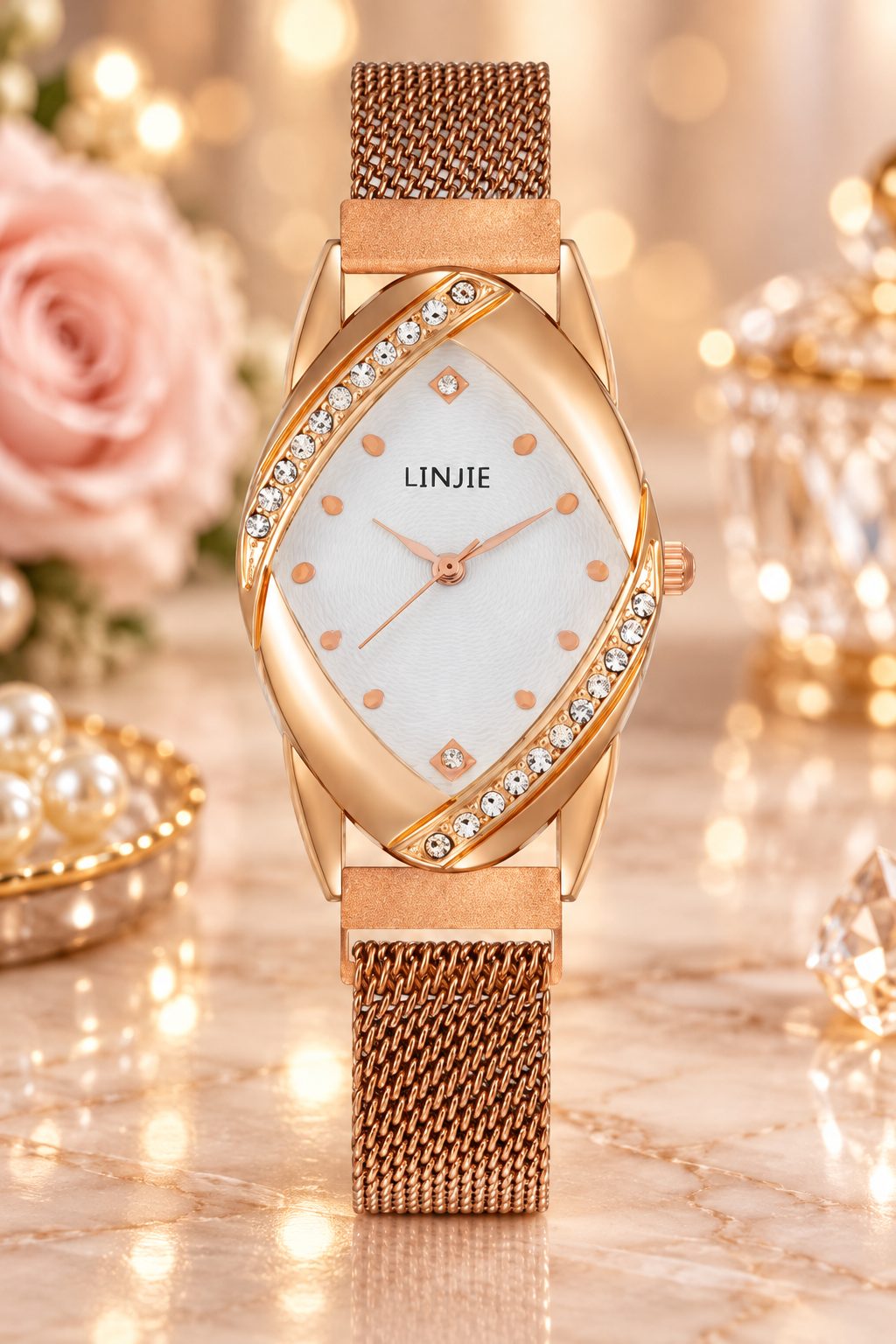 Avant-Garde Marquise Diamond Watch for Women - Rose Gold Crossover Crystal Curve Case Milanese Mesh Strap Timepiece — photo 7