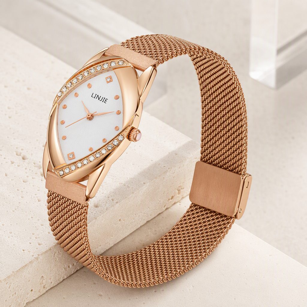 Avant-Garde Marquise Diamond Watch for Women - Rose Gold Crossover Crystal Curve Case Milanese Mesh Strap Timepiece — photo 6