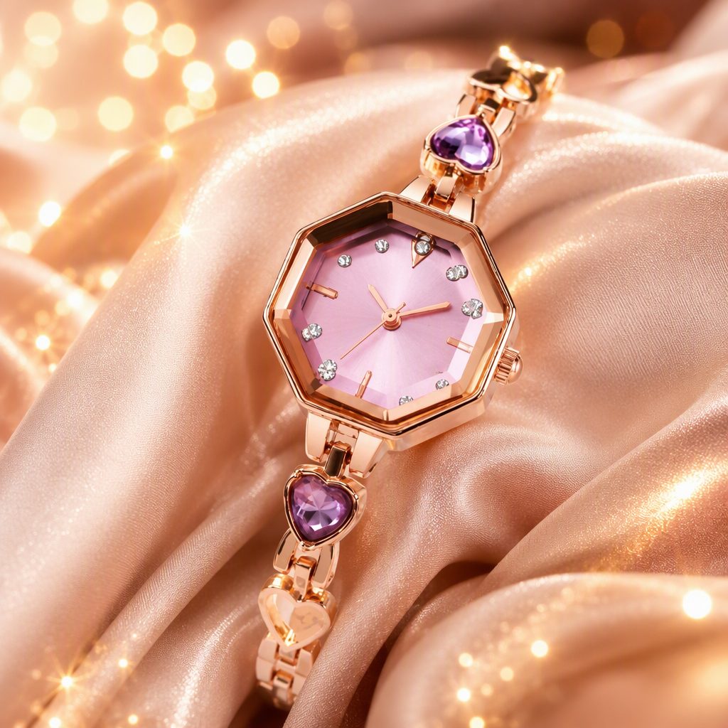 Romantic Heart Crystal Bracelet Watch for Women - Rose Gold Octagonal Faceted Bezel Pastel Pink Dial Jewelry Timepiece — photo 4