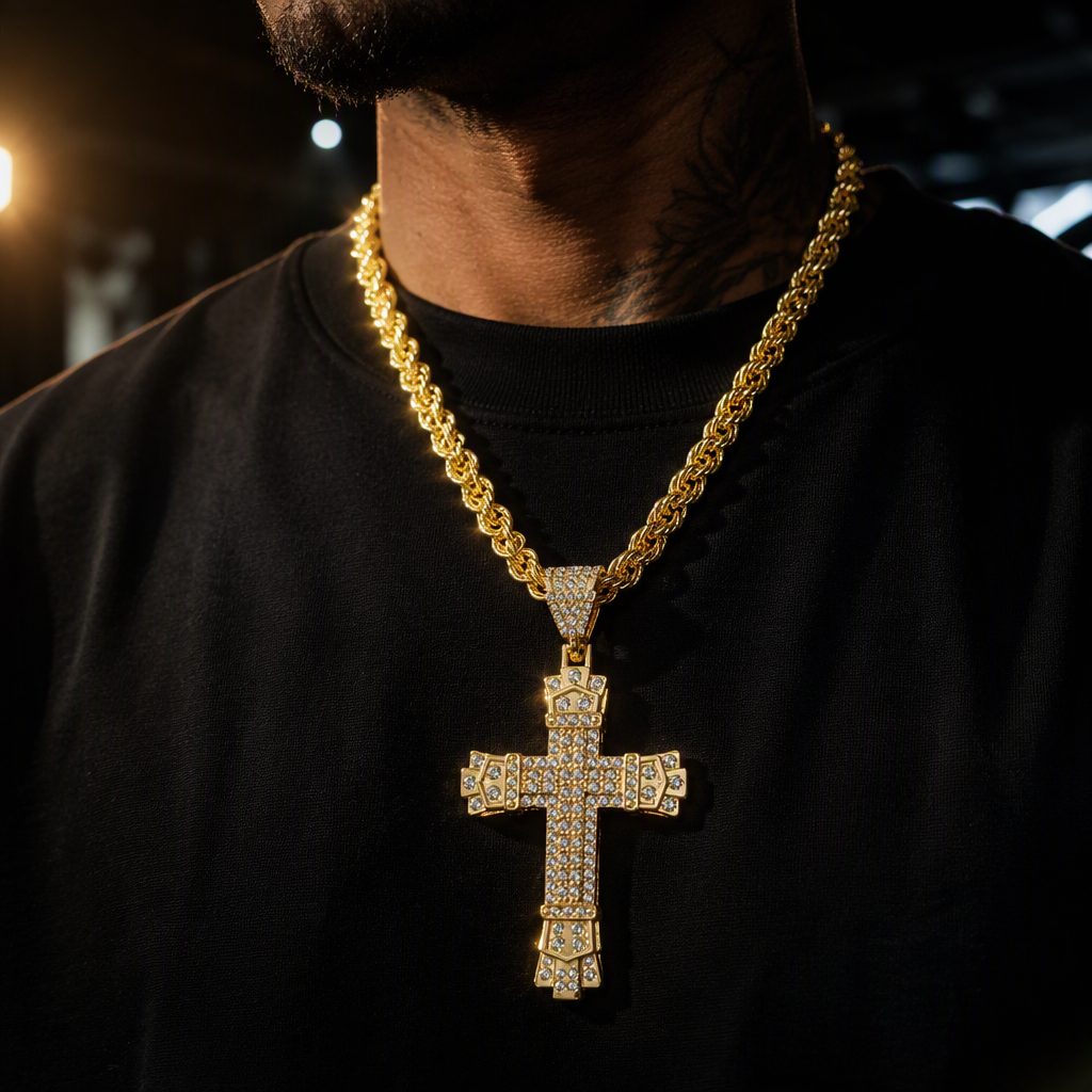 Men's Hip-Hop Heavy Full Iced-Out Cross Pendant Necklace | Pavé Crystal Rhinestone Rope Chain Necklace — photo 2