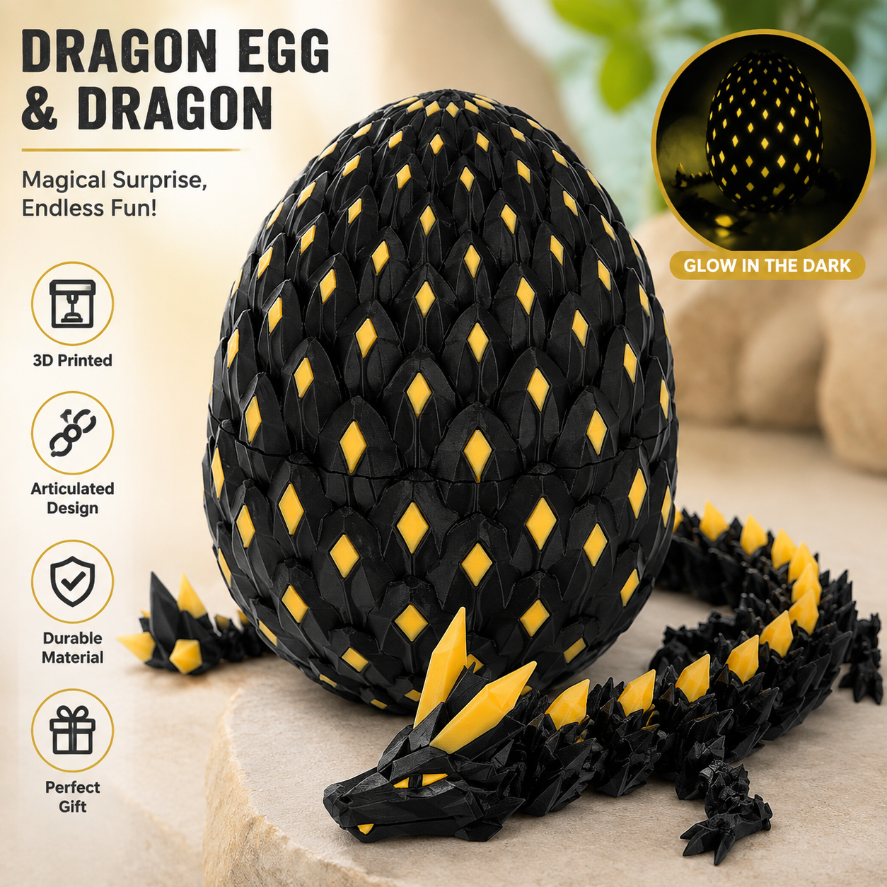 3D Printed Dragon Eggs Glow in The Dark Cool 3D Printer Articulated Animals Fidget Toy for Teen Crystal 3D Print Dinosaur Toys for Boys Girls (Black Gold)