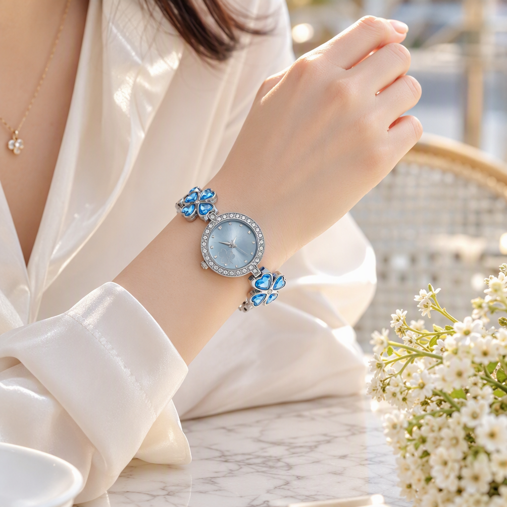 Lucky Four-Leaf Clover Crystal Bracelet Watch for Women - Heart-Cut Ocean Blue Crystal Rhinestone Halo Bangle Timepiece — photo 7