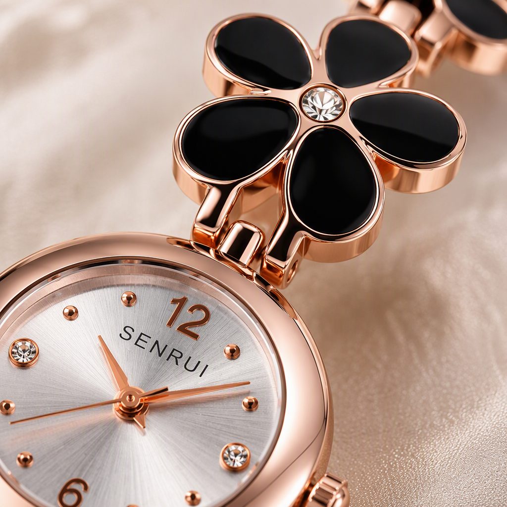 French Retro Black Enamel Camellia Flower Bracelet Watch for Women - Rose Gold Floral Chain Crystal Accent Hepburn Chic Timepiece — photo 3
