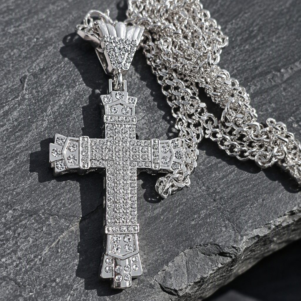 Men's Hip-Hop Heavy Full Iced-Out Cross Pendant Necklace | Pavé Crystal Rhinestone Rope Chain Necklace — photo 3